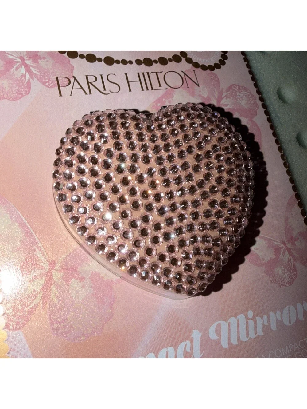 {Paris Hilton} Pink Rhinestone Heart Shaped Compact Mirror